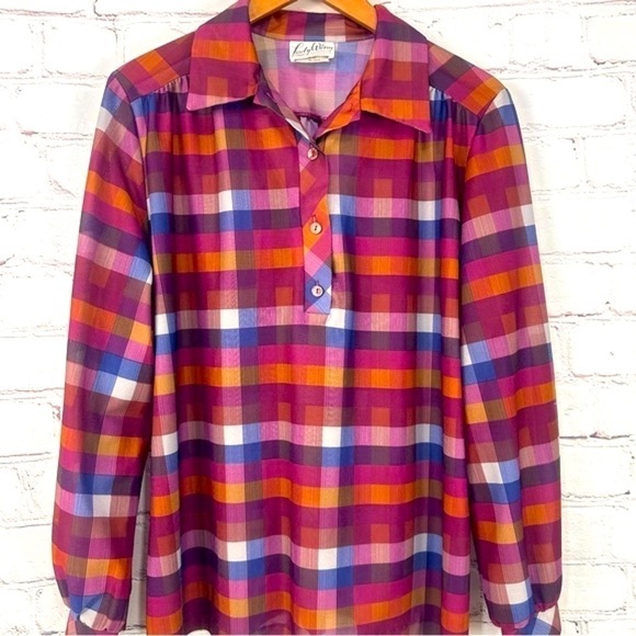 Vintage women’s shirt top blouse fall button down plaid brown rust size medium - Picture 1 of 11